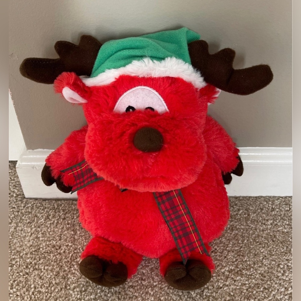 NEN National Entertainment Network Christmas 12” Plush Red Reindeer Green Hat VG